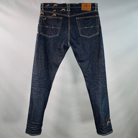 36 Indigo Cotton Selvedge Twill Straight Embroidered Birds Jeans - Picture 4 of 10